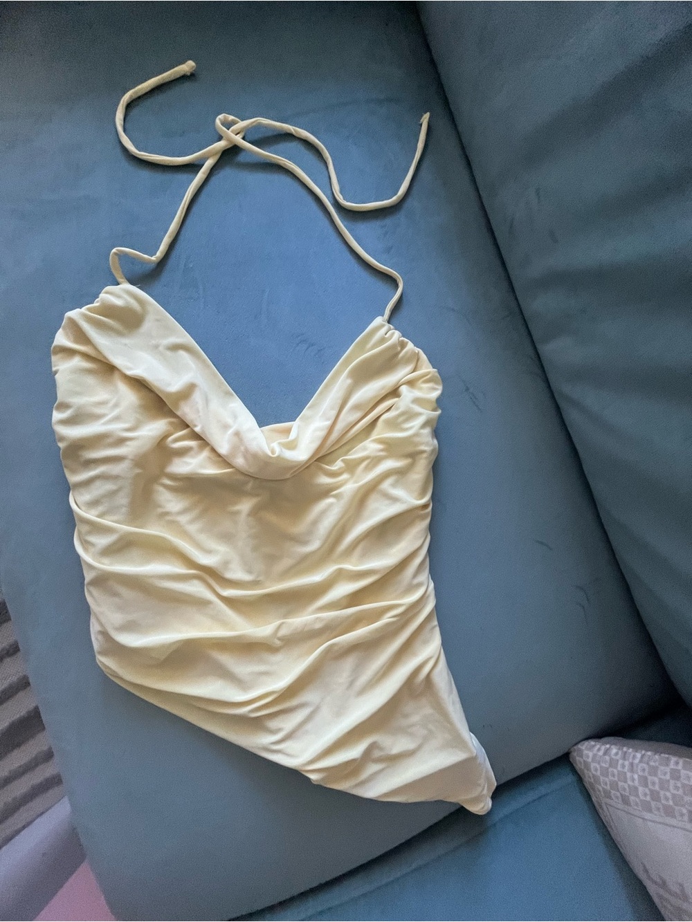 Halter Ruched Cowl Neck Top in Pale Yellow